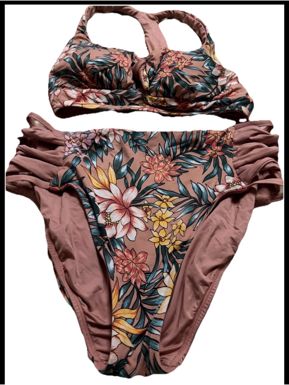 Cupshe Mauve Floral High-Waist Bikini Set large